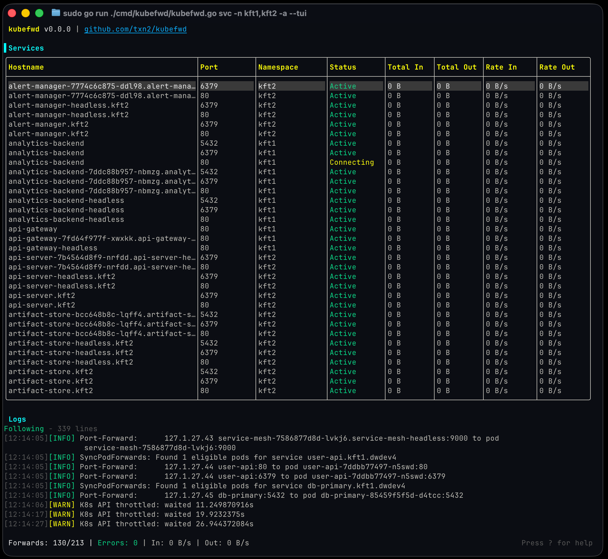 kubefwd TUI